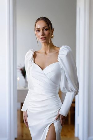 Long Royal Satin Dress with Slit & Deep Neckline  1333