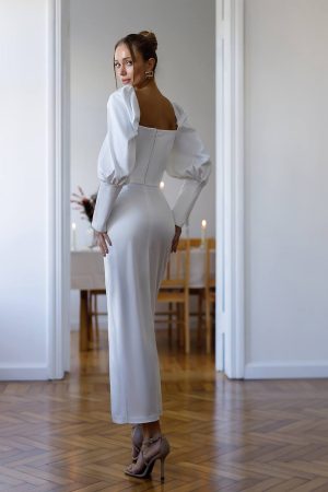 Long Royal Satin Dress with Slit & Deep Neckline  1333