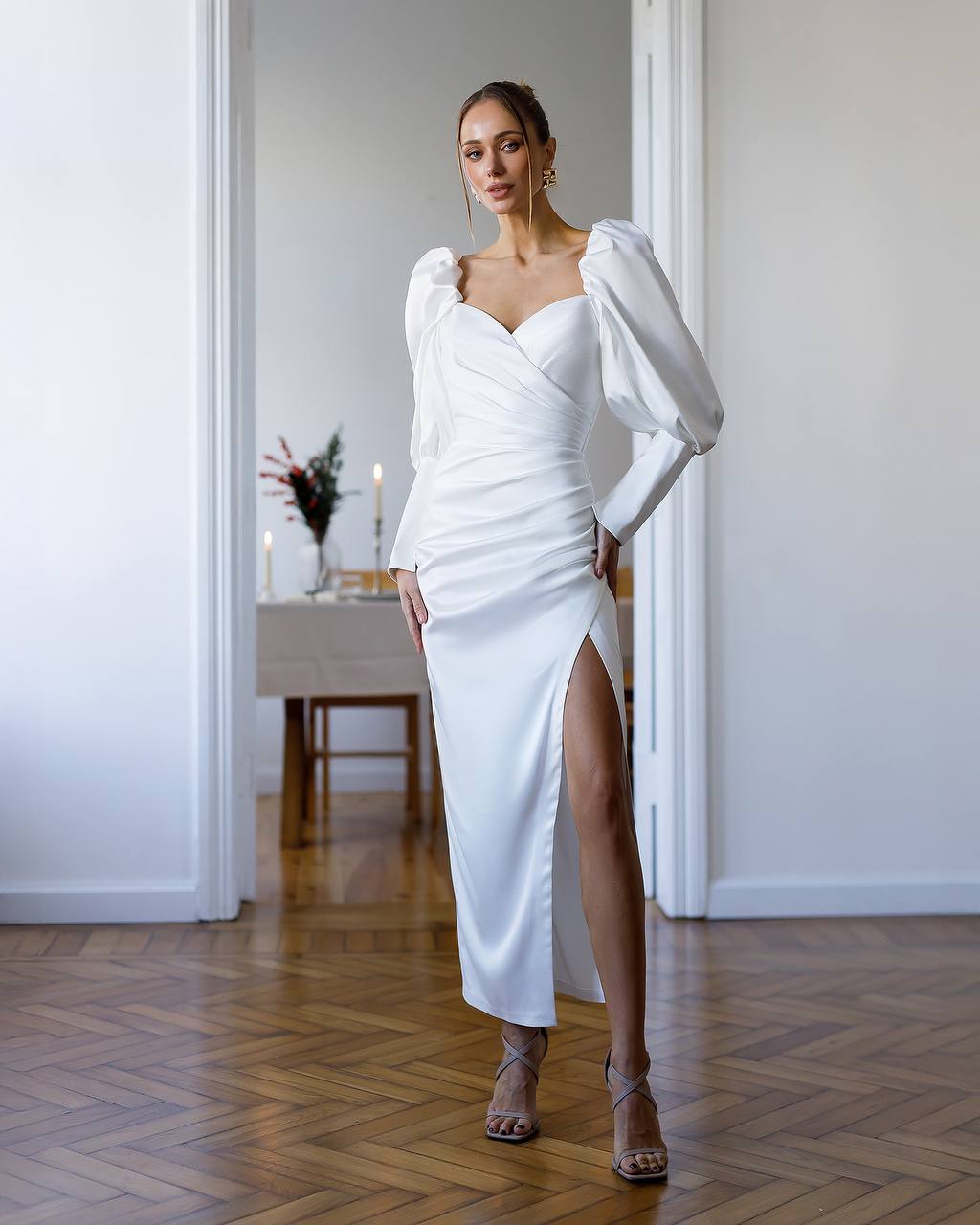 Long Royal Satin Dress with Slit & Deep Neckline 1333 - Image 3