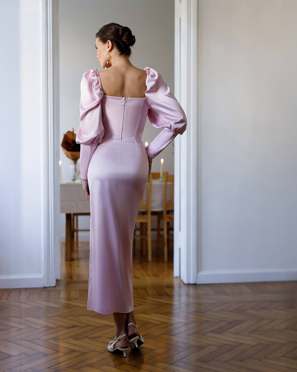 Long Royal Satin Dress with Slit & Deep Neckline 1333 - Image 9
