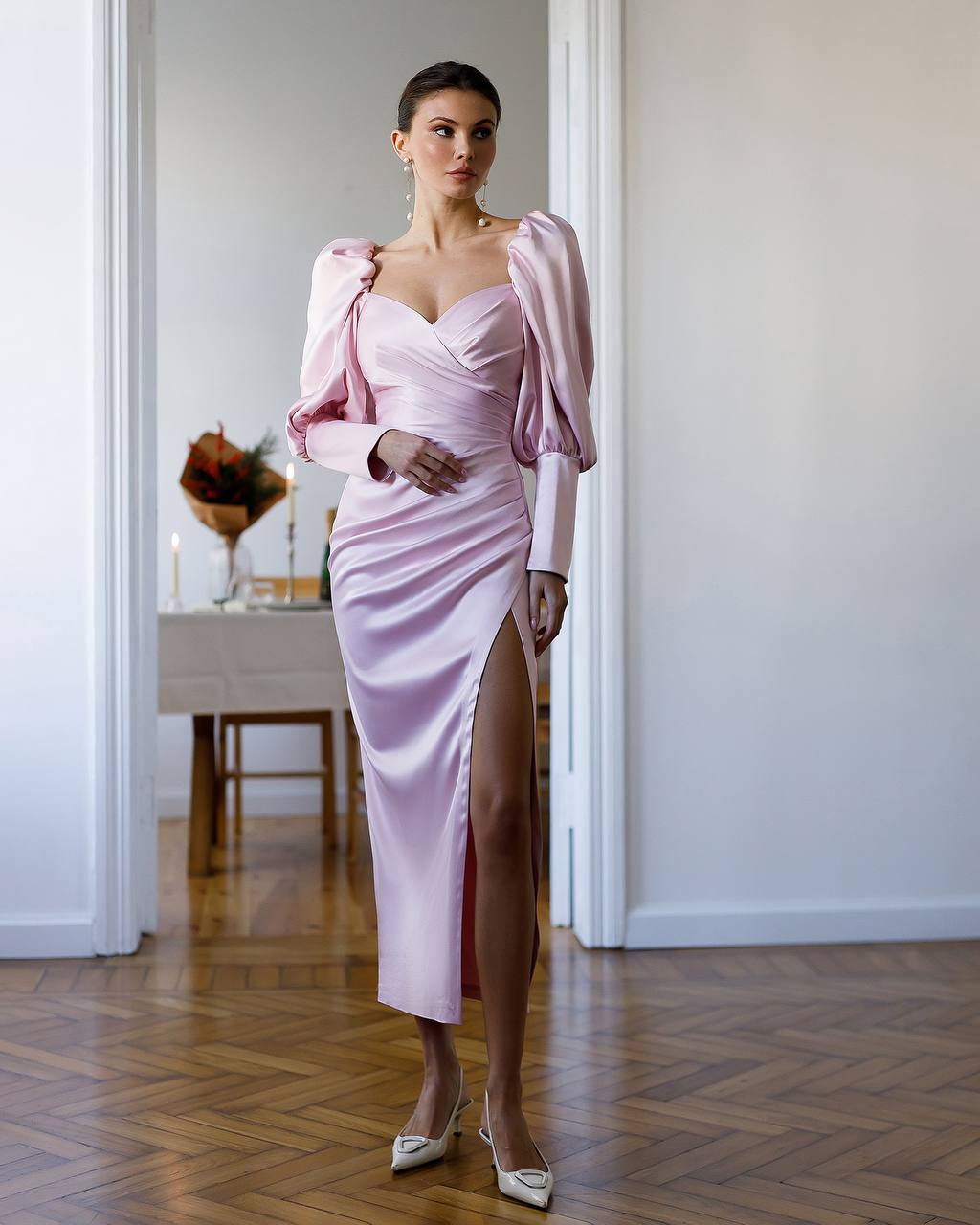 Long Royal Satin Dress with Slit & Deep Neckline 1333 - Image 10